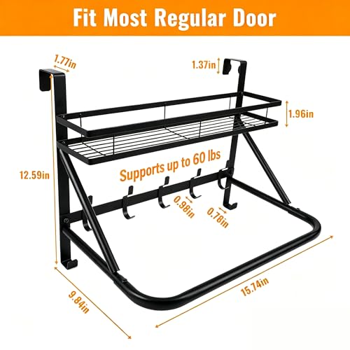 Over The Door Clothes Hanger, Metal Over The Door Hangers for Clothes with 7 Hooks1 Storage Basket For Clothing Hanger Drying Racks for Laundry, Bedroom, Washroom wait(black) - color: black