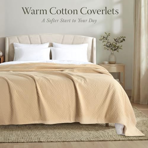Threadmill Luxury Cotton Blankets for King Size Bed | All-Season Cozy 100% Cotton Blanket | Aster Jacquard Soft & Lightweight Coverlet fits California King Size Bed, 104x92 | Beige - color: Aster Beige, size: King / Cal King