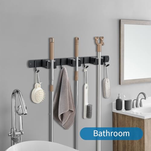 2 Pack Broom Hanger and Mop Holder, Heavy Duty Garden Tool Organizer Rack Rake and Shovel Handle, Stainless Steel Wall Mounted Utility Rack with Screws (3 Racks with 4 Hooks, Matte Black). - color: 2 Pack, size: 3R4H