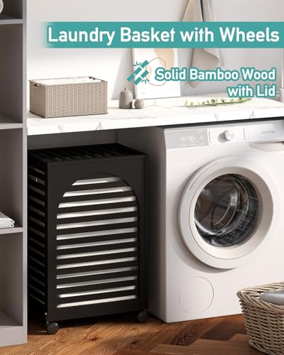 Black Laundry Hamper with Wheels, Laundry Basket with Lid, 22.5 Gallon (85L) Bamboo Wood Clothes Laundry Hamper 2 Section with Handles, Removable Liner - color: Black, size: Medium