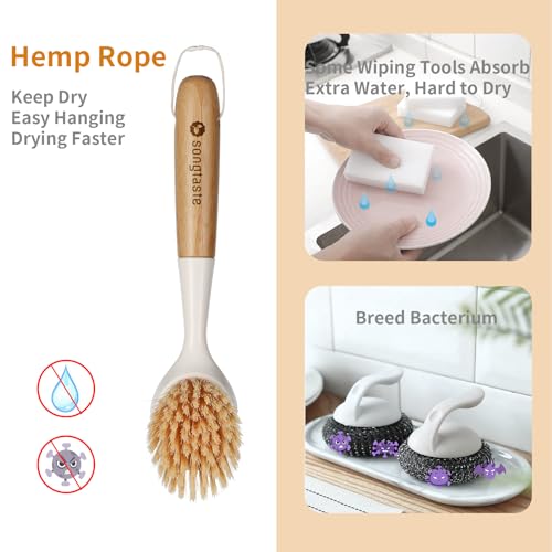 2 Pack Kitchen Dish Brush Bamboo Handle Dish Scrubber Built-in Scraper - style: White