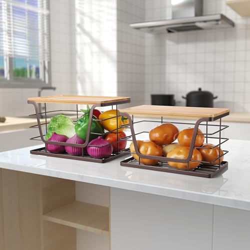 ALOCEO 2 Pack Stackable Wire Storage Basket with Bamboo Lid, Trash Bag Dispenser Under Sink for 4-13 Gal Bags, Kitchen Storage Bins for Potato and Onion, Brown - color: 2-pack - Xl&l Brown