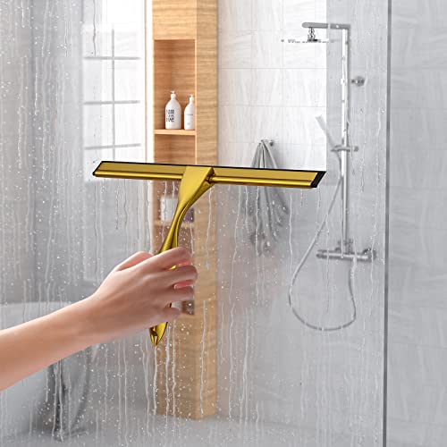 Shower Squeegee for Glass Door 12-Inch Stainless Steel Bathroom Squeegee Window Wiper, with Shower Door Hook, Adhesive Hook, and Spare Silicone Blade for Window Mirror Car All-Purpose Squeegee - color: Gold, size: 12-inch