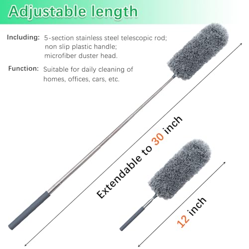 2 Pack Microfiber Duster for Cleaning, Small Dusters with Microfiber Head, Extendable Pole, Hand Washable, Cleaning Supplies for Office, Car, Window, Furniture