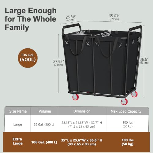 Hoctieon 2 Section Laundry Sorter Cart, 400L Rolling Hamper with Wheels, Industrial Laundry Basket Organizer, Extra Large Dirty Clothes Hamper for Home & Hotel, Heavy Duty, Black - color: Black, size: 400L