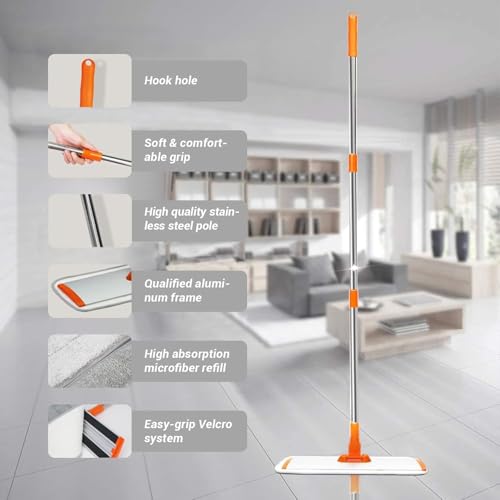 Microfiber Flat Wet-Dry Mop with 51" Adjustable Stainless Steel Handle, 4 Reusable Pads for Wet & Dry Mopping on Hardwood, Tile, Laminate & Vinyl Floors