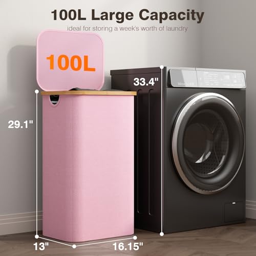 Bathola Laundry Hamper with Lid, Laundry Basket with Removable Bag, Pink - color: Pink, size: 100L