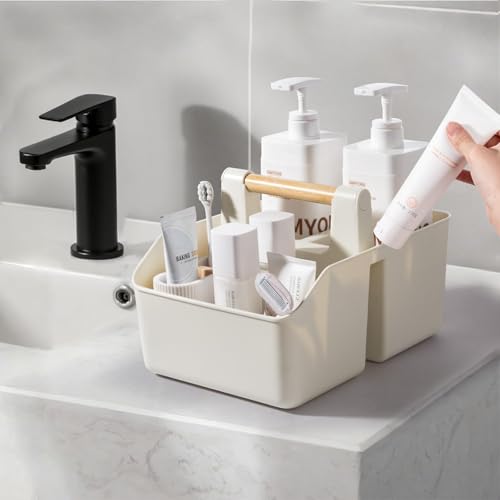 rejomiik Plastic Shower Caddy, Portable Basket with Bamboo Handle, Cream - color: Cream