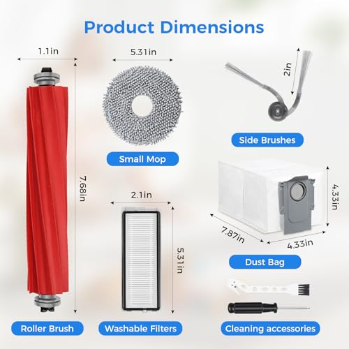 28 Pack QV 35A Replacement Parts for Roborock QV 35A / QV 35S / Qrevo S Pro Robot Vacuum, Kit With 2 Main Brush, 6 Side Brushes, 6 HEPA Filters, 6 Mop Pads, 6 Dust Bags, Cleaning Tool & Screwdriver