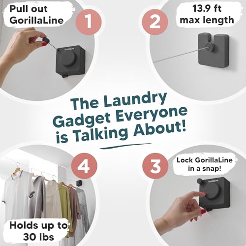 GorillaLine Basic - Retractable Clothesline Indoor Outdoor Clothes Line - Non-Sagging Heavy Duty Clothes Drying Laundry Line - Wall Mounted Drying Rack - Air Dry Clothing - Tighten with GorillaGrip - color: Gray