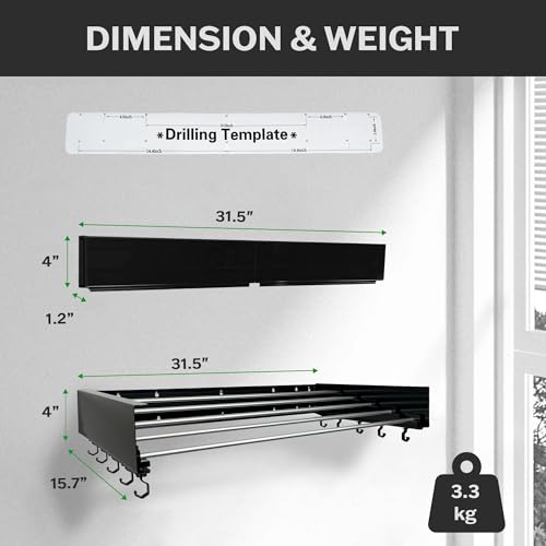 Foldable Wall Mounted Drying Rack - 31.5” Wide, 13.2 Ft Drying Space, 5 Aluminum Rods, Supports Up to 60 lbs - Retractable & Foldable Space-Saving Wall Mounted Clothes Drying Rack (Black) - color: Black