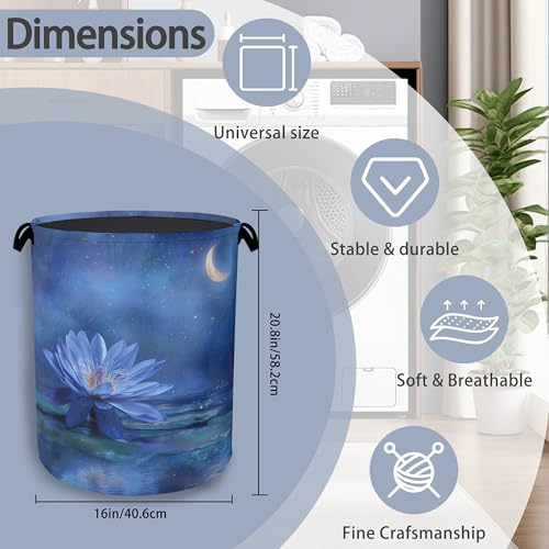 Water Lily Laundry Basket,Moon Oxford Cloth Laundry Hamper with Handle Foldable Portable Clothes Storage Basket for Bathroom Bedroom Dorm Room 16" x 20.8" - color: Water Lily Moon