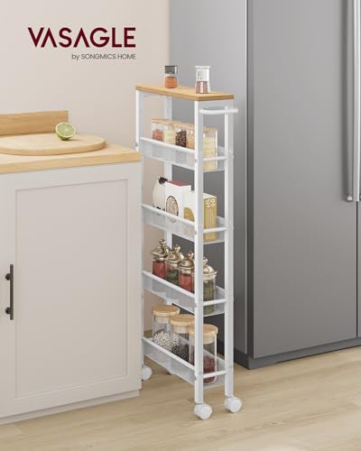 VASAGLE 5-Tier Slim Rolling Storage cart with Wheels, 5.1 Inches, Metal - color: Oak Beige + Classic White, size: 5 Tiers (5.1"D x 39.2"H)