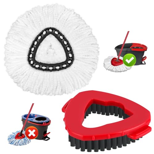 Tidy Monster 1+1 Pack Mop Replacement Heads for O-Ceda EasyWrin Spin Mop, Microfiber Spin Mop Refills, Easy Cleaning Mop Head Replacement, with 1 Scrub Mop Brush Head (mop 1pc+Brush 1pc) - color: White 1 Mop+red 1 Brush