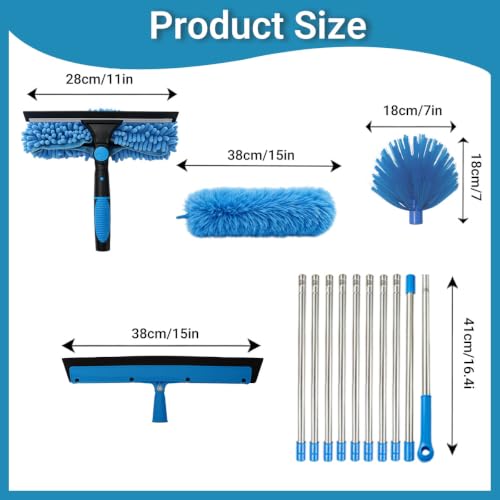 165.6''Window Squeegee Cleaning Kit, 5-in-1 Professional Window Washing Tool with Detachable Extension Pole, Microfiber Scrubber & Duster for for Indoor Outdoor High Glass, No Ladder Required