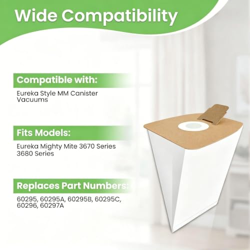 24 Pack Style MM Vacuum Bags Compatible with Eureka Mighty Mite 3670 and 3680 Series Canister Vacuums,Replaces Part #60295, 60295A, 60295B, 60295C, 60296, 60297A–Multi-Layer Micro Filtration