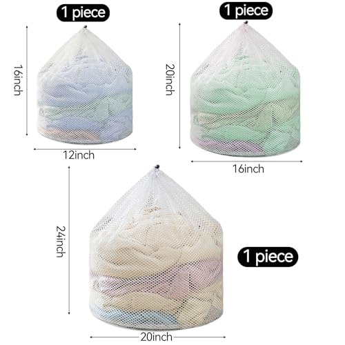 3Pcs Laundry Mesh Wash Bags, Drawstring Net Laundry Bag for Washing Machine, Mesh Laundry Wash Bags for Home Dorm Hotel Travel Use