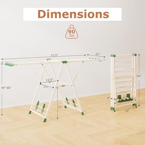 GIANTEX Foldable Metal Clothes Drying Rack, 72.5" Height Adjustable Wings - color: Beige, size: 72.5"L x 39"-66"H