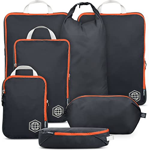 TRIPPED Travel Gear Large Compression Packing Cubes 7-Piece Set for Travel - color: Grey/Orange