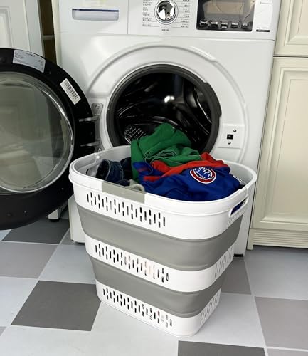SAMMART 38L(10 Gal) Collapsible Laundry Basket - Foldable Pop-Up Storage Container/Organizer-Portable Space Saving Hamper, Measure 17.5x13.3x15.7/3.8" Expanded/Collapsed (1, White/Grey) - color: White/Grey