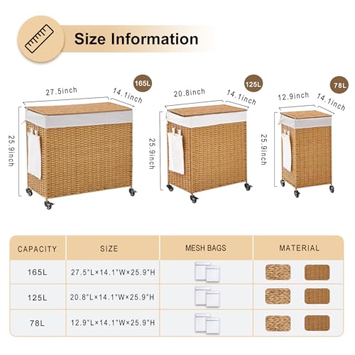 Handwoven Hamper with Lid, Laundry Basket with Wheels - color: Rattan/With Lid/78L