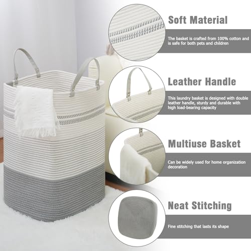 danpinera 100L Nursery Hamper, Tall Woven Laundry Basket with Long Leather Handles, Boho Laundry Hamper for Living Room & Bedroom, Eco-friendly & Convenient Decorative Storage Basket White & Gray - color: White & Gray, size: 100L Square