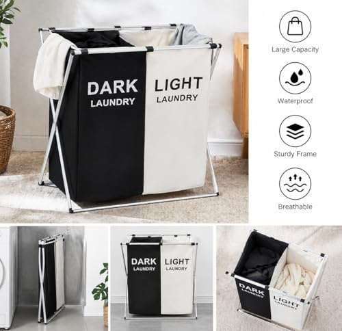 RD Design Dual Laundry Hamper, 2 Section Foldable Clothes Sorter for Dark and Light Laundry, Large Capacity, Aluminum Frame
