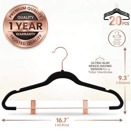 MIZGI Premium Velvet Pants Hangers with Clips (Pack of 20) Slim Skirt Hangers- Non Slip Felt Outfit Dress Hangers Black - Copper/Rose Gold Hooks,Space Saving Shirt Clothes Hangers - color: Black/Rosegold, size: 20-Pack