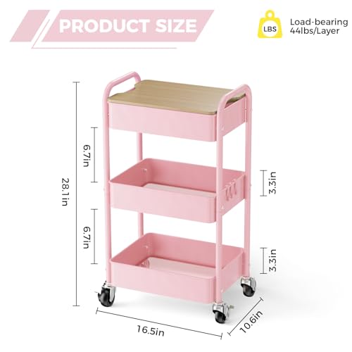 3-Tier Rolling Cart with Table Top, Metal Utility Cart on Wheels - color: Pink