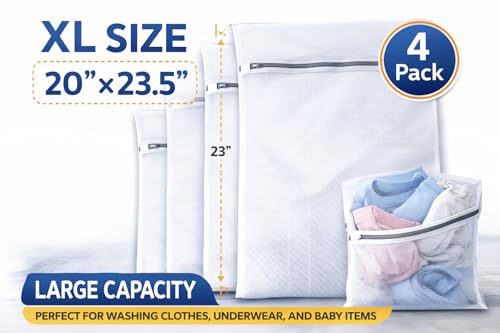 Non-Fluorescent Mesh Laundry Bags 20 x 23.5 in, 4-Pack – Large Zippered Laundry Wash Bags for Clothes, Durable Mesh Bags for Washing Machine