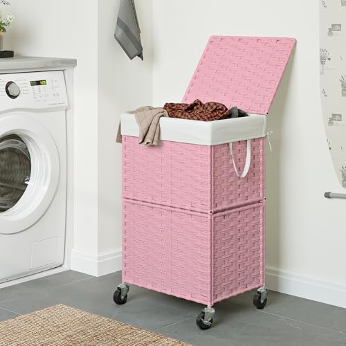 Chrislley Wicker Laundry Basket with Wheels,Rolling Laundry Hamper with Lid - color: Pink