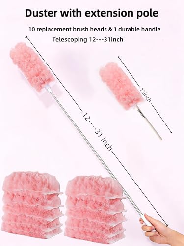Heavy Duty Duster Refills, Disposable Dusters Kit for Cleaning Dusting Furniture Blind Ceiling Fan, Multi Surface 360 Feather Duster(10)+3FT Extended Handle(1) (Pink) - color: Pink