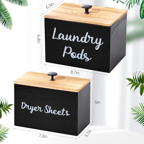 Dandat 2 Pcs Wood Rustic Laundry Dryer Sheet Holder Pod Container with Lid 8.7 x 6.3 x 6.4 Inch Laundry Pod Holder 7.3 x 3.7 x 5 Inch Dryer Sheet Dispenser Wooden Box Container(Black) - color: Black