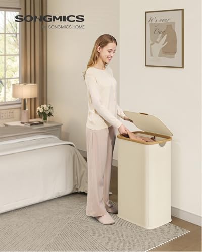 SONGMICS Laundry Hamper with Lid, 100L Laundry Basket, Bamboo Frame - color: Cream White, size: 100 L (1-Section)