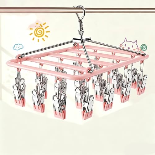Drying Rack for Sock, Stainless Steel Sock Drying Rack with 23 Clips, Swivel Hook Windproof Hanger for Sock, Laundry, Hat, Scarf, Bras, Towel, Underwear, Pants, Gloves (Apricot) - color: Apricot