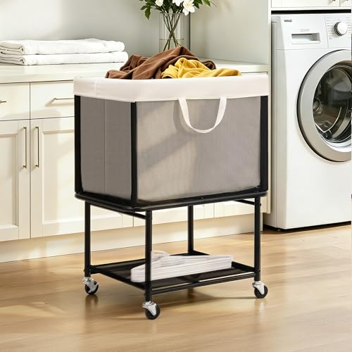 STO STO Rolling Laundry Hamper with Lockable Wheels, 29-Gallon (110L) Laundry Cart with Removable Canvas Bag, 2-Tier Clothes Basket Hamper with Shelf for Closet, Bedroom, Bathroom, Laundry Room, Beige - color: Beige
