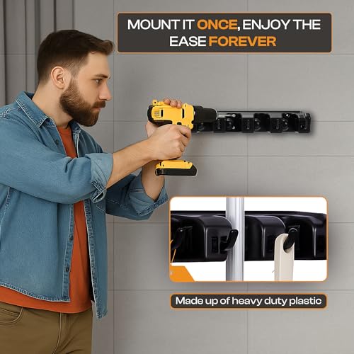 ABS Plastic Broom Holder Wall Mount, 5 Slots & 6 Hooks - size: 5 Slots & 6 Hooks