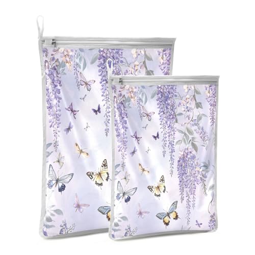Mesh Laundry Bags Lingerie Bags for Washing Delicates 2 PCS Durable Wash Bag with Zipper Small and Medium Washable Purple Butterflies and Lavender - color: Purple Butterflies and Lavender