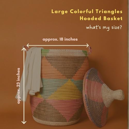 Large Decorative Wicker Storage Basket with Lid, Laundry Hamper, Blanket Storage, Toys Bin, Clothes Holder, Boho Style, 18" Wide, 23" Tall (Colorful Triangles) - color: Colorful Triangles