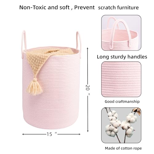 Woven Cotton Rope Laundry Basket, 15" x 20" Laundry Hamper, Pink - color: pink, size: Regular