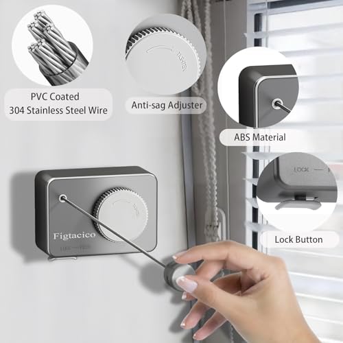 Clothes Line Retracting Indoor - Stainless Steel Retractable Clothesline Kit of 13.8 Ft Non-Sagging Wire for Small Space Laundry Balconies Bedroom Bathroom