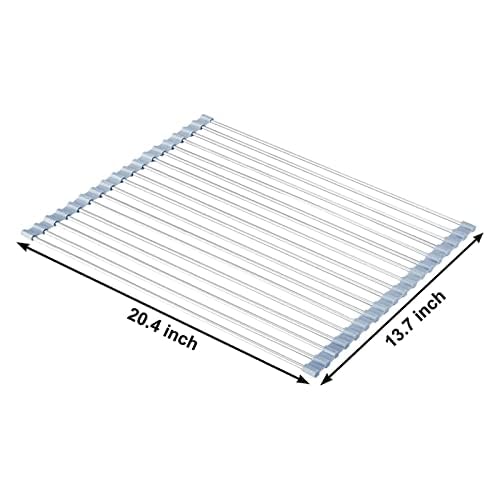 MECHEER Over The Sink Dish Drying Rack, Roll Up Dish Drying Rack Kitchen Dish Rack Stainless Steel Sink Drying Rack, Foldable Dish Drainer, Gray (20.4''x13.7'') - size: 20.4''x13.7''