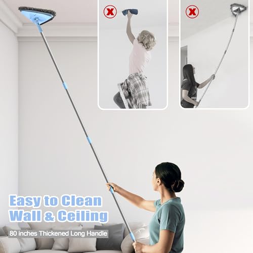NEWE Wall Washer Mop with 80 Inch Long Handle, Wall and Ceiling Cleaner, 180° Folding Wall Scrubber with Long Handle, Triangle Baseboard Scrubber, 4 Chenille Duster & 2 Microfiber Pads - color: Chambray Blue