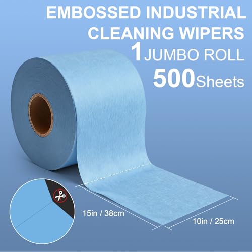 Embossed Jumbo Roll Industrial Cleaning Wipes, Lint-Free Super Absorbent Heavy Duty Cloths,Blue,1 Roll 500 Sheets, 10"×15" Per Sheet - color: Blue