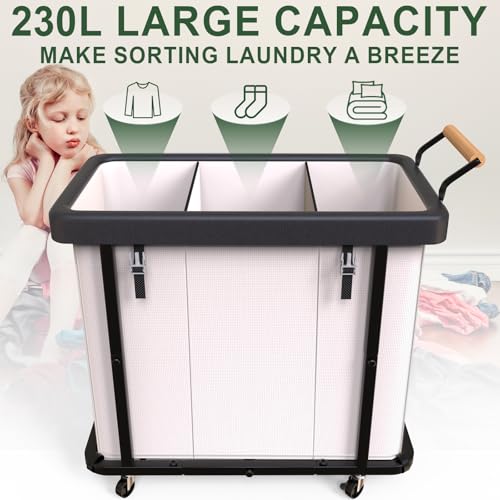 Laundry Hamper 3 Section,Rolling Laundry Basket with Wheels and Lid,White - color: White-3 Section, size: 60 Gal