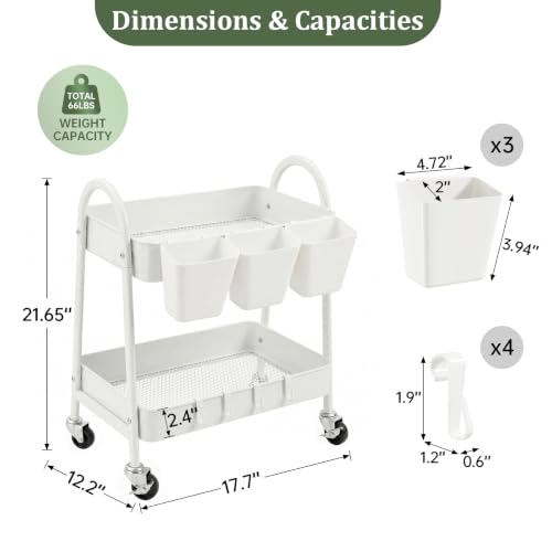 danpinera 2-Tier Rolling Cart, Utility Cart Mobile Metal Rolling Storage Cart with Lockable Wheels & Hanging Cups & Hooks for Kitchen, Bathroom, Office, Workshop, Purple - color: White, size: 2 tier