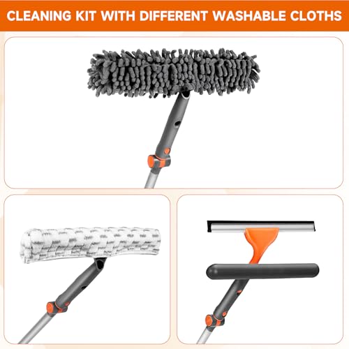 Chabatree 2-in-1 Window Squeegee for Home, 62" Extension Pole Window Cleaning Kit with Bendable Head, Professional Window Washing Equipment for High Indoor Outdoor Glass & Car (Kit 2.0) - color: Grey Squeegee(with 4 Cleaning Cloth)