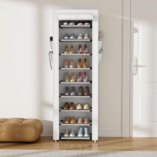 VILICK Shoe Rack with Cover Narrow Shoe Rack Organizer with 4 Side Pockets 10 Tier Tall Shoe Storage Shoe Shelf Holds 18-22 Pairs Shoes and Boots Shoe Rack for Closet, Printing - color: White, size: 10 Tiers-17.7" Wide