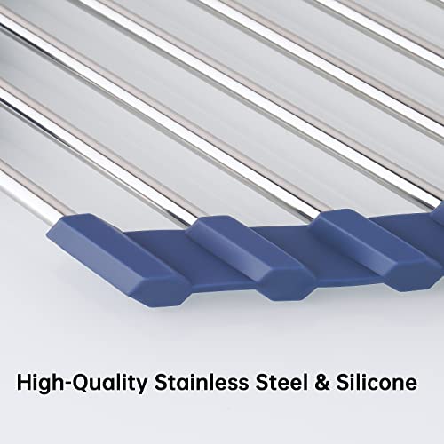 Tomorotec Triangle Roll-Up Dish Drying Rack for Sink Corner Small Foldable Stainless Steel Over The Sink Multipurpose Kitchen Drainer Caddy Organizer Storage Shelf Holder (Deep Blue) - color: Deep Blue