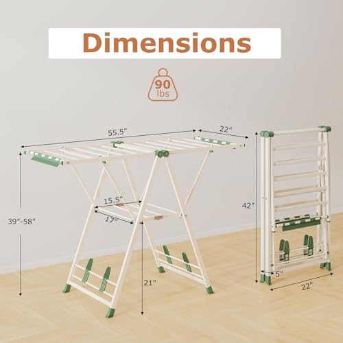 GIANTEX Foldable Metal Clothes Drying Rack, 55.5" Height Adjustable Wings - color: Beige, size: 55.5"L x 39"-58"H